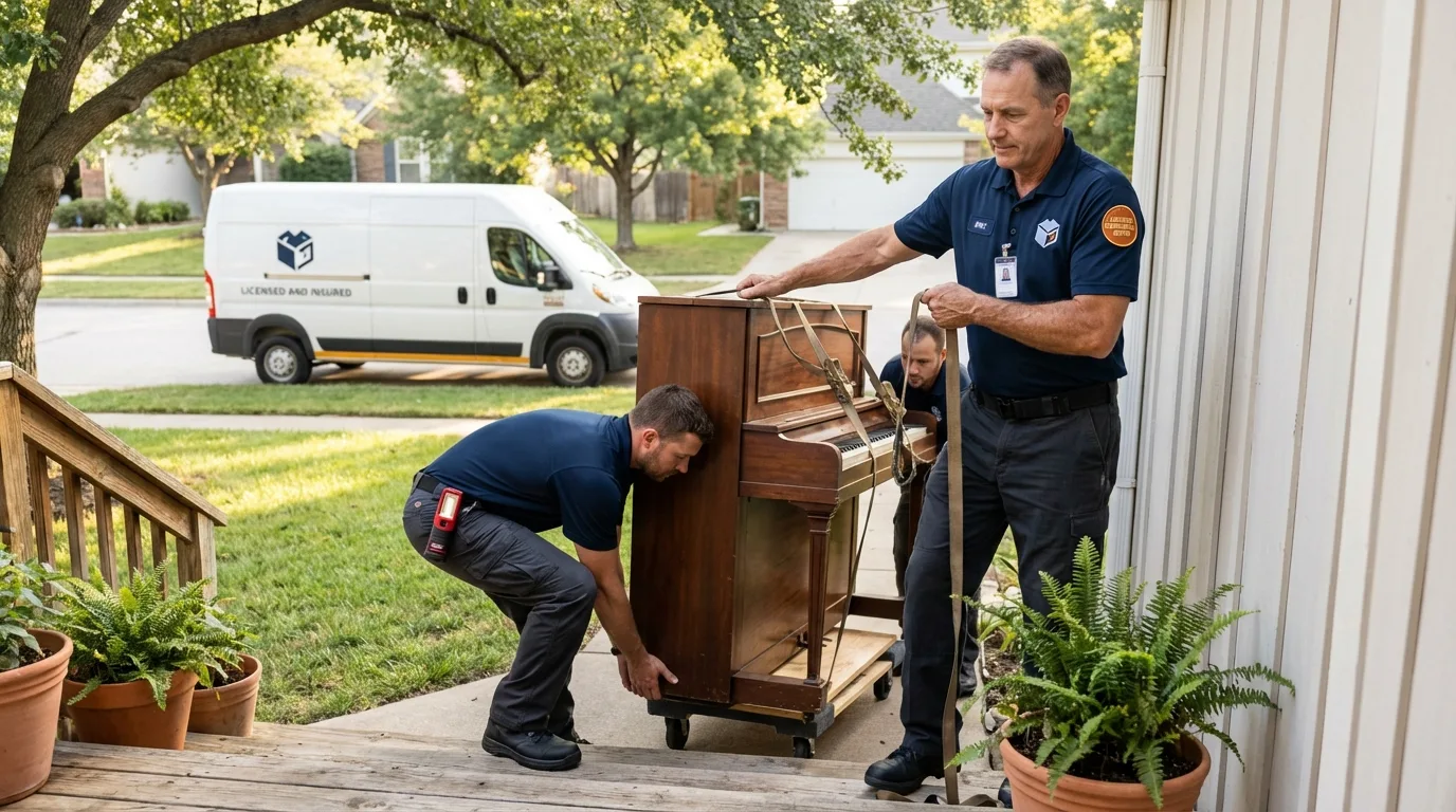 Licensed piano movers securing grand piano in Kensett, AR