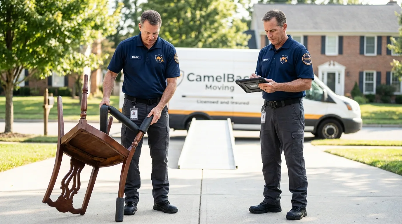 Movers inspecting furniture for damage prevention before loading in Kensett, AR